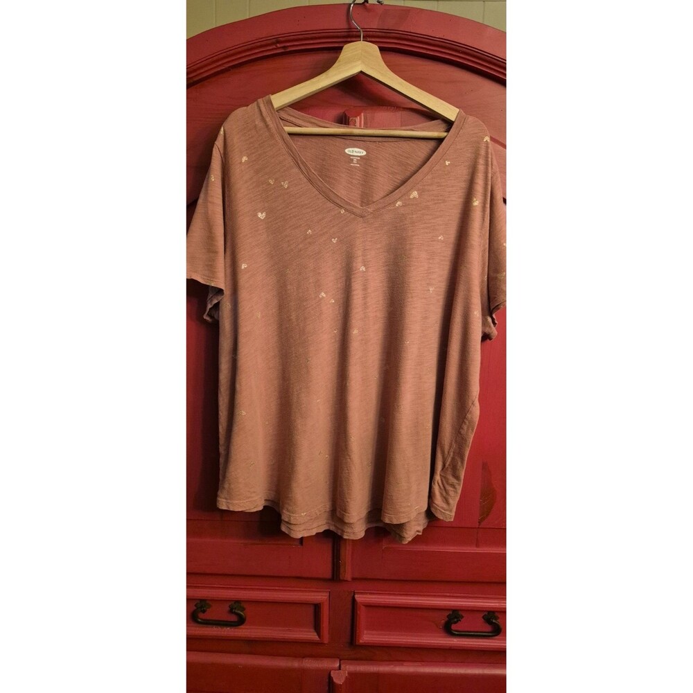 Old Navy Women's XXL Tall V-Neck T-Shirt Terracotta Gold Star Print Top
